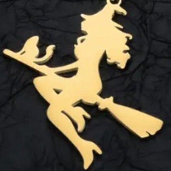 Gothic Witch, Her Cat Riding Her Broom Pendant Necklace - Stainless Steel - Gold - Picture 2 of 3